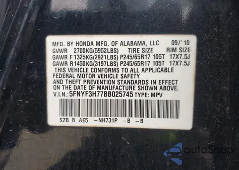2011 Honda Pilot Ex-L z USA, uszkodzony, nr VIN 5FNYF3H77BB025745